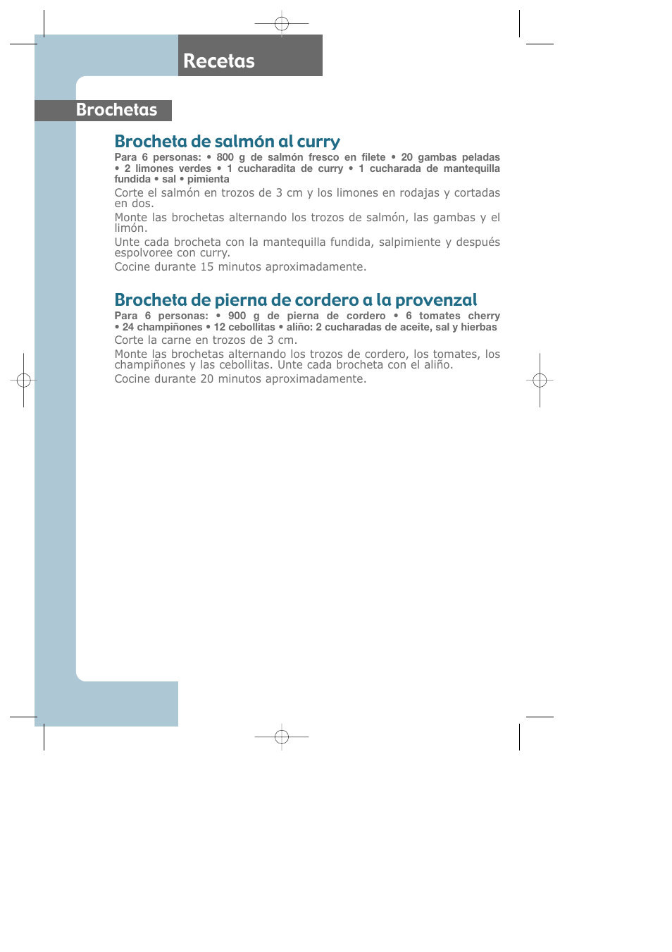 Recetas, Brochetas brocheta de salmón al curry, Brocheta de pierna de cordero a la provenzal | Groupe SEB USA - T-FAL Electric Grill CB6010 User Manual | Page 25 / 26