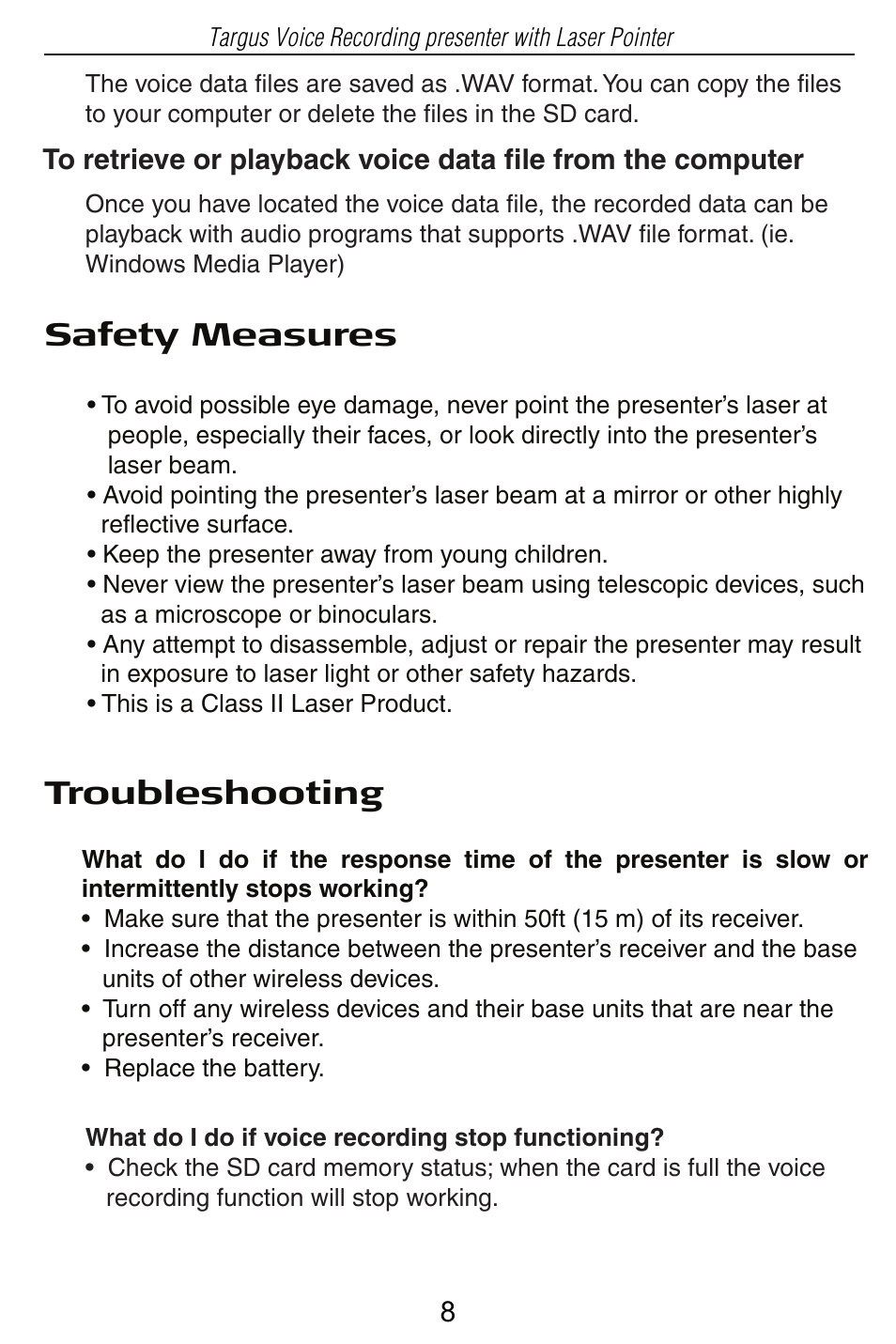 Safety measures, Troubleshooting | Targus AMP05US User Manual | Page 8 / 10