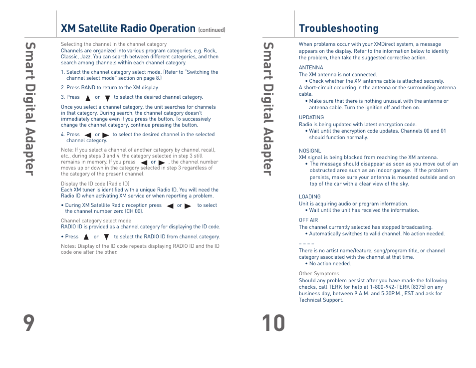 Smart digit al adapt er, Troubleshooting, Xm satellite radio operation | TERK Technologies XMDPIO110 User Manual | Page 6 / 6