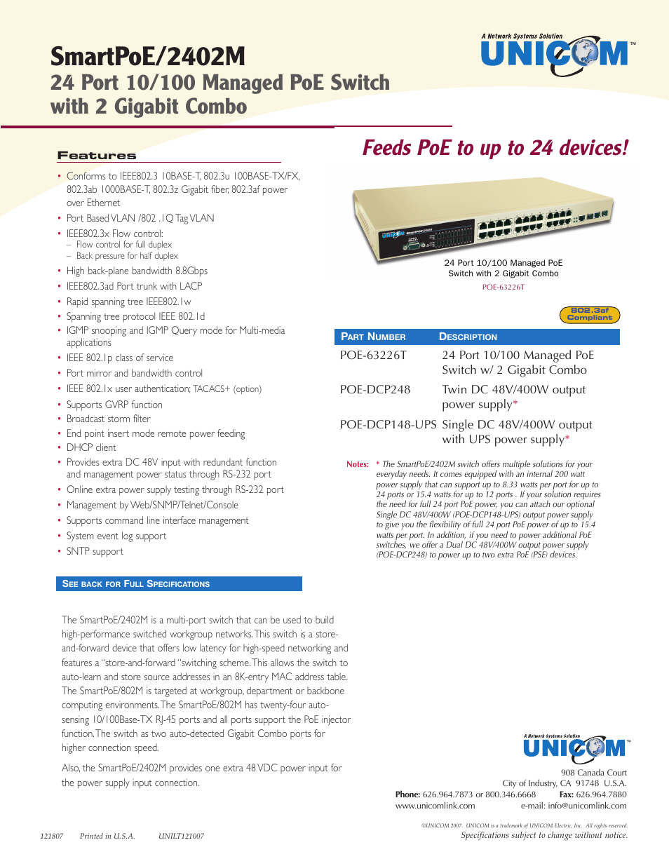 UNICOM Electric SmartPoE/2402M User Manual | 2 pages