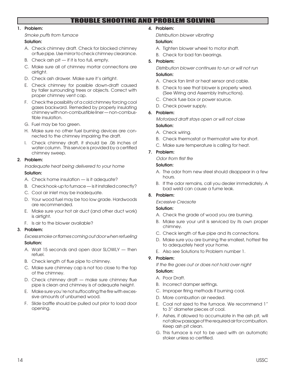 Trouble shooting and problem solving | United States Stove Company 1600EF User Manual | Page 14 / 24
