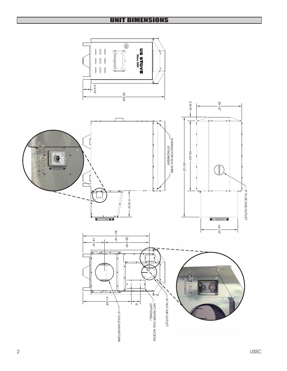 Unit dimensions, 2ussc | United States Stove Company 1600EF User Manual | Page 2 / 24