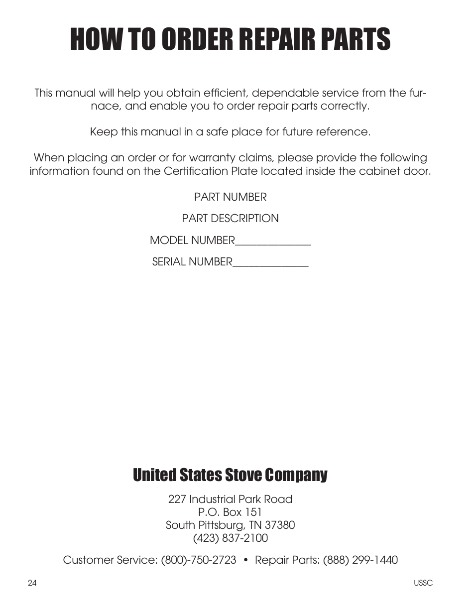 How to order repair parts, United states stove company | United States Stove Company 1600EF User Manual | Page 24 / 24