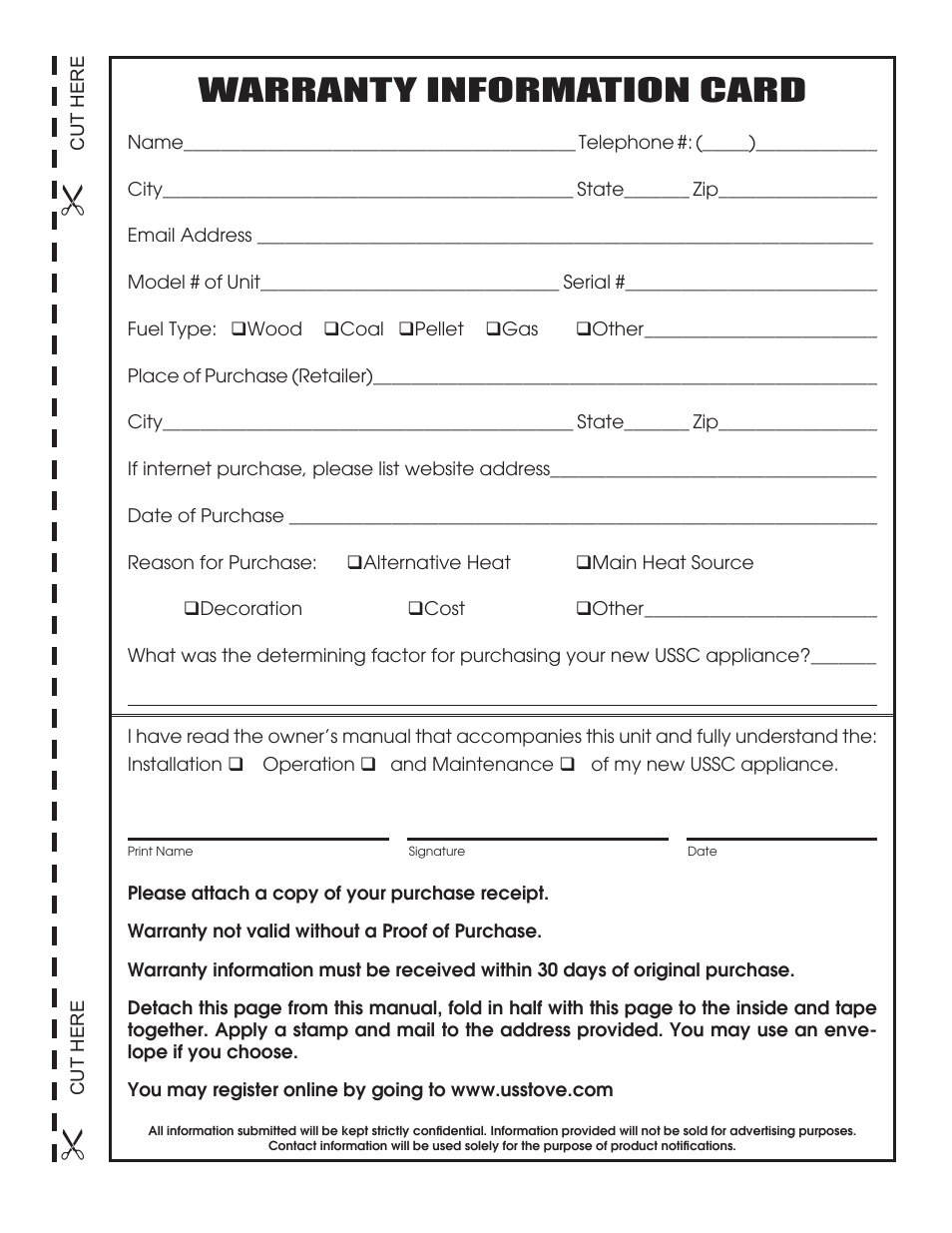 Warranty information card | United States Stove Company 1600EF User Manual | Page 3 / 24