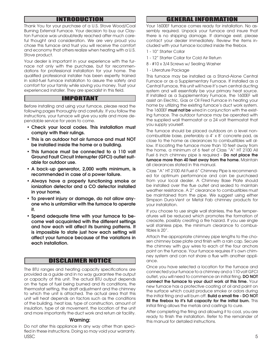 Introduction, General information important disclaimer notice | United States Stove Company 1600EF User Manual | Page 5 / 24