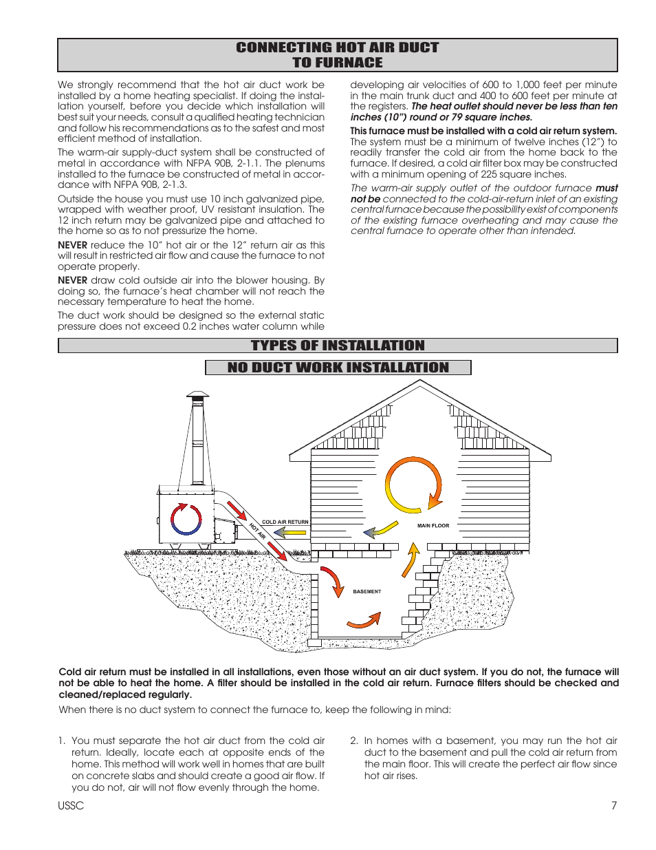Connecting hot air duct to furnace, Types of installation no duct work installation | United States Stove Company 1600EF User Manual | Page 7 / 24