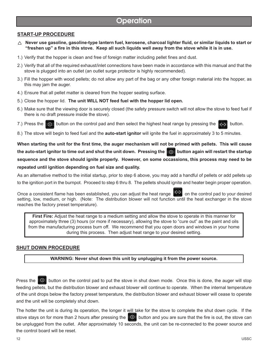 Operation | United States Stove Company 58242 User Manual | Page 12 / 20