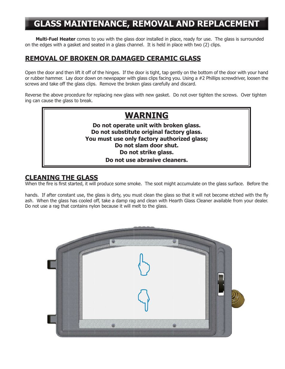 Warning, Glass maintenance, removal and replacement | United States Stove Company 6041TP User Manual | Page 17 / 32