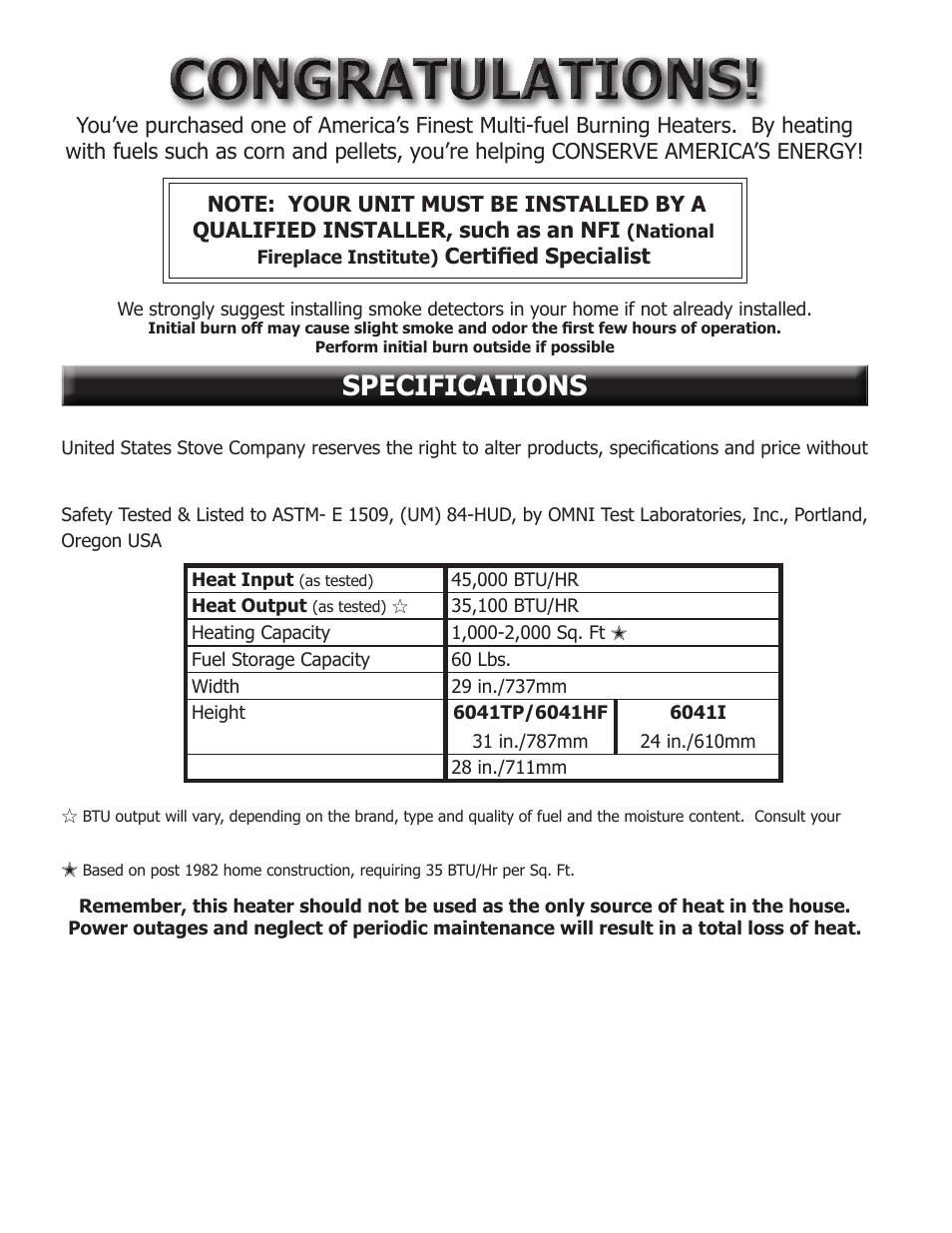 Specifications | United States Stove Company 6041TP User Manual | Page 2 / 32