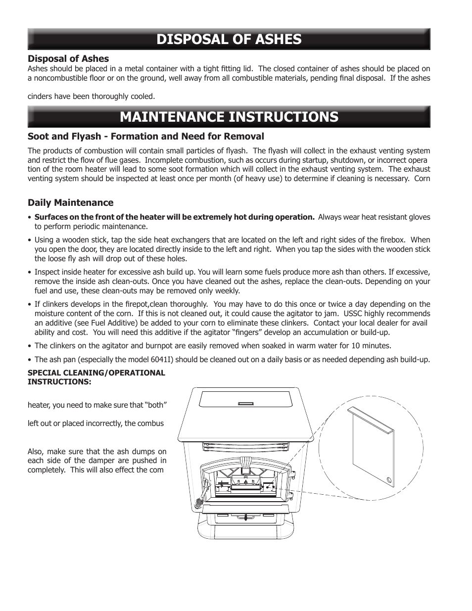 Maintenance instructions disposal of ashes | United States Stove Company 6041TP User Manual | Page 20 / 32