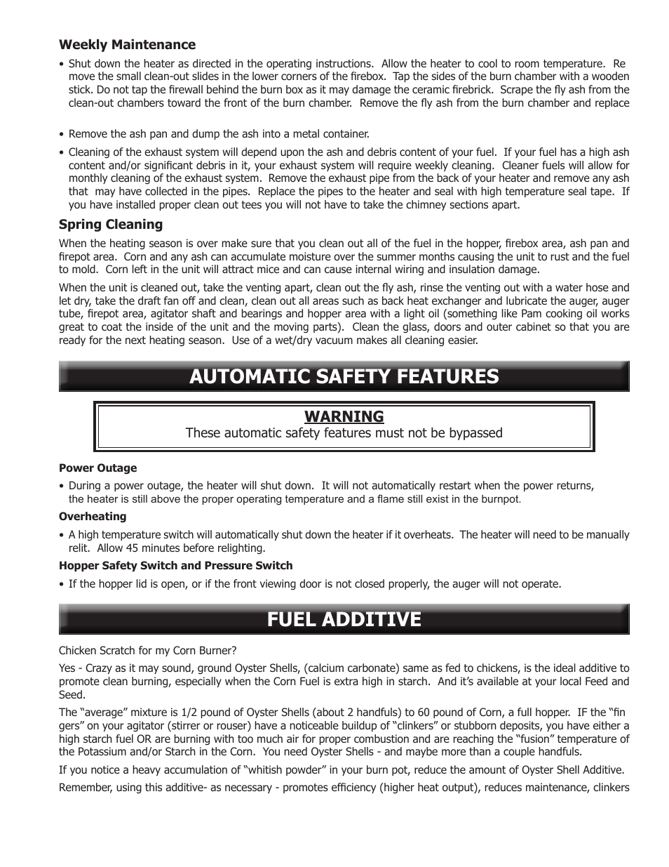 Automatic safety features, Fuel additive, Warning | United States Stove Company 6041TP User Manual | Page 21 / 32
