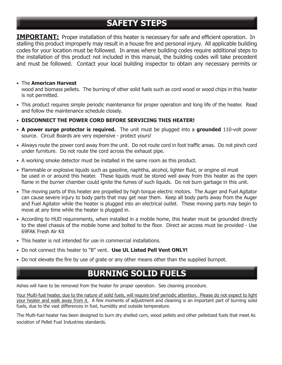 Safety steps, Burning solid fuels, Important | United States Stove Company 6041TP User Manual | Page 6 / 32
