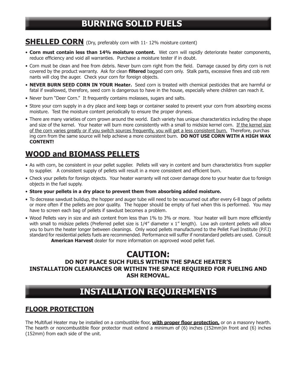 Installation requirements, Caution, Burning solid fuels | Shelled corn, Wood and biomass pellets, Floor protection | United States Stove Company 6041TP User Manual | Page 7 / 32