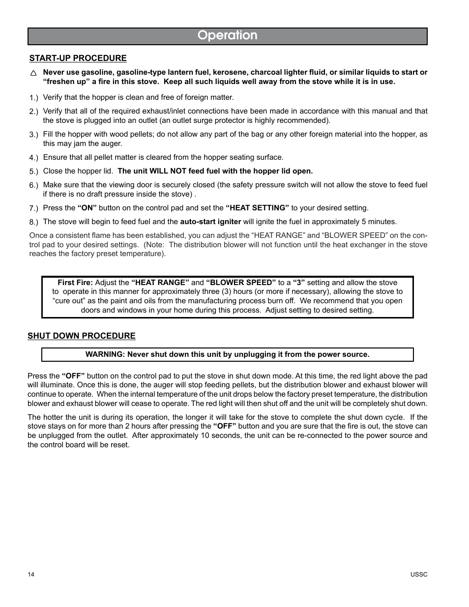 Operation | United States Stove Company 5510 User Manual | Page 14 / 24