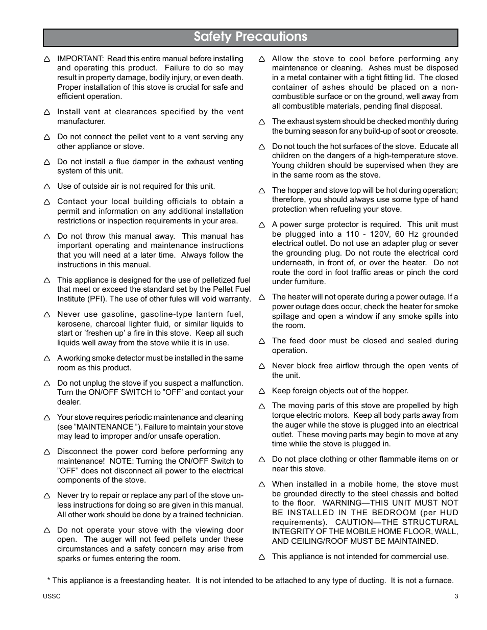 Safety precautions | United States Stove Company 5510 User Manual | Page 3 / 24
