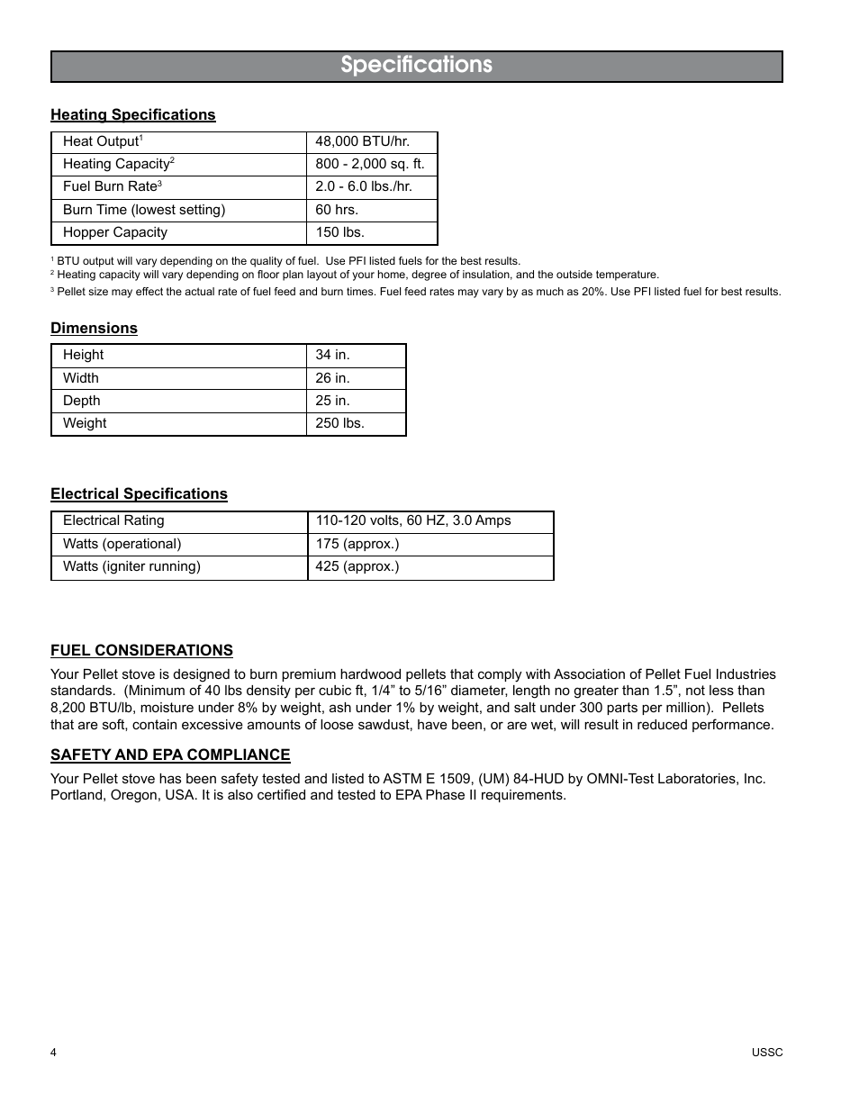 Specifications | United States Stove Company 5510 User Manual | Page 4 / 24