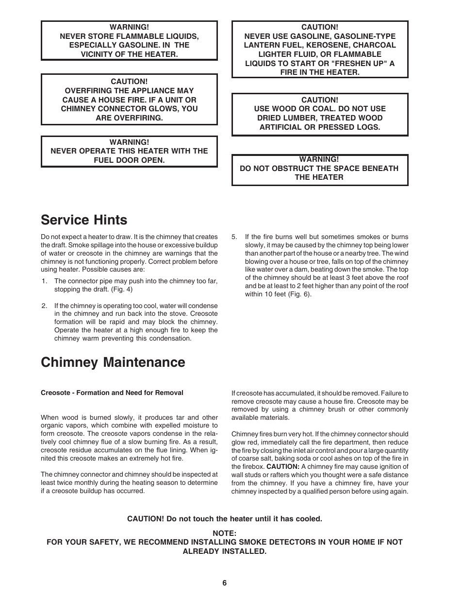 Chimney maintenance, Service hints | United States Stove Company 1864 User Manual | Page 6 / 8