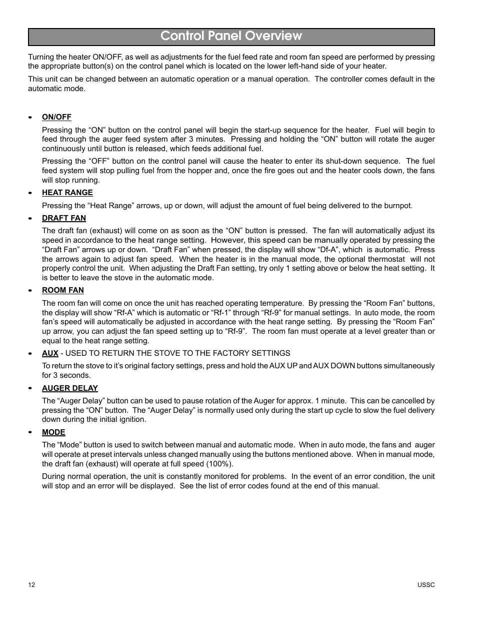 Control panel overview | United States Stove Company KING/ASHLEY PELLET STOVE 5500M User Manual | Page 12 / 24
