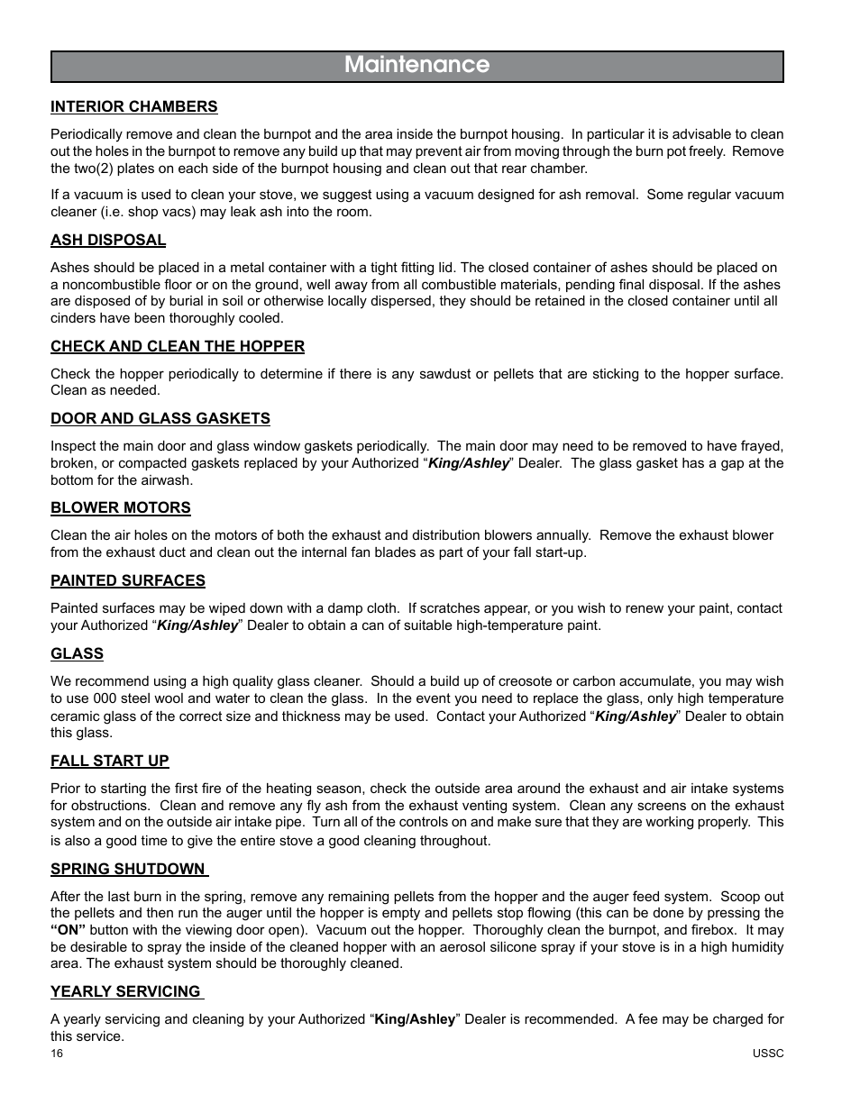 Maintenance | United States Stove Company KING/ASHLEY PELLET STOVE 5500M User Manual | Page 16 / 24