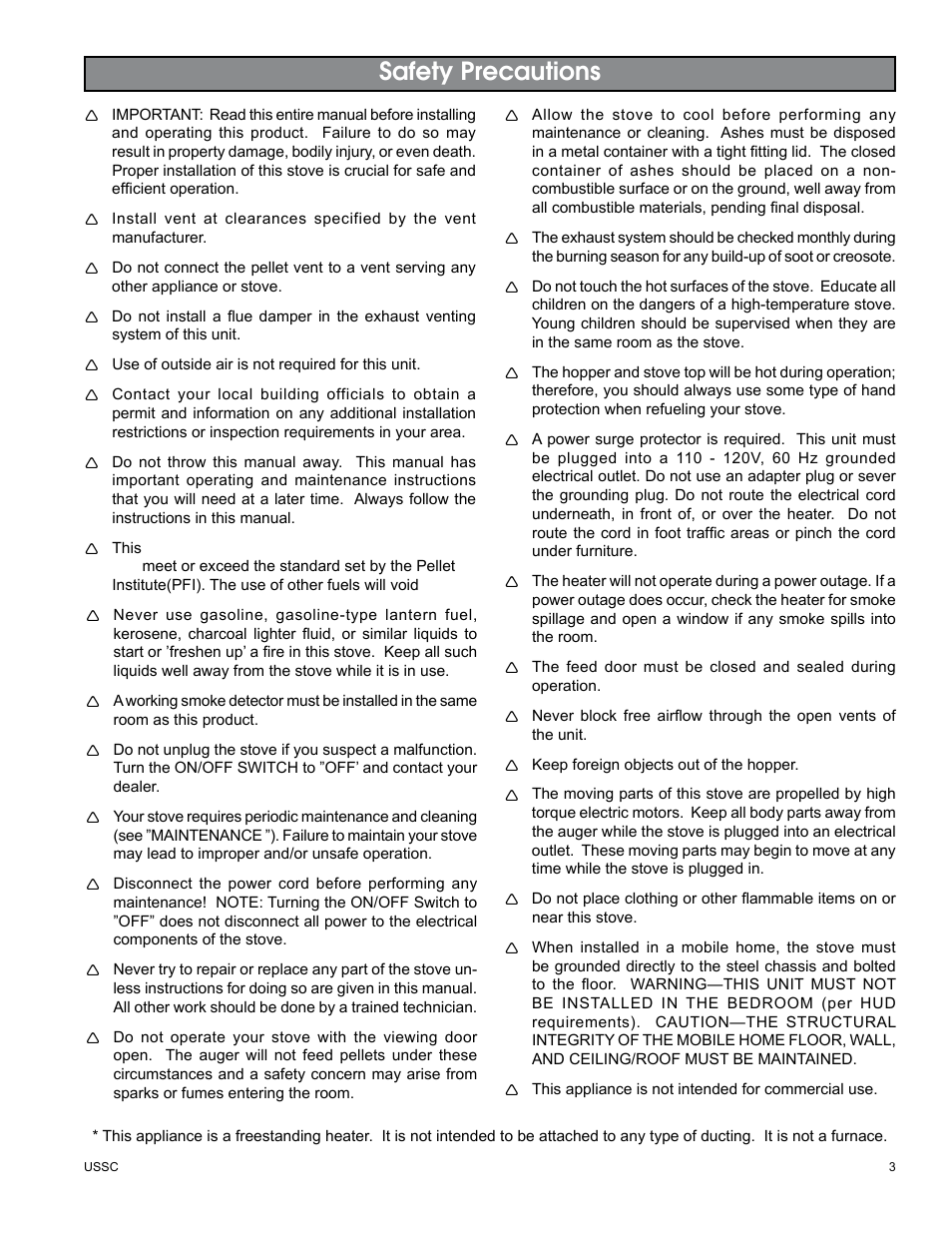 Safety precautions | United States Stove Company KING/ASHLEY PELLET STOVE 5500M User Manual | Page 3 / 24