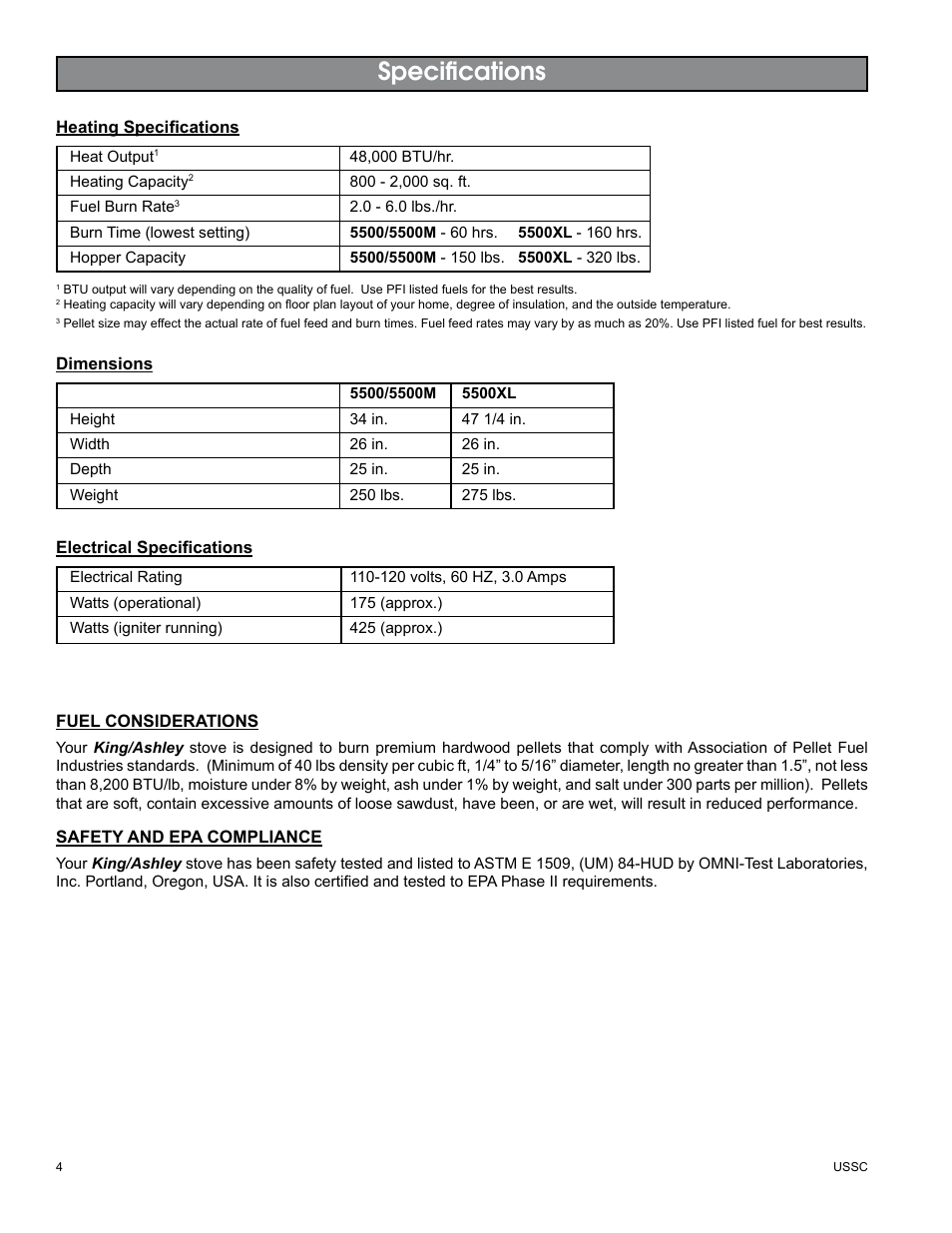 Specifications | United States Stove Company KING/ASHLEY PELLET STOVE 5500M User Manual | Page 4 / 24
