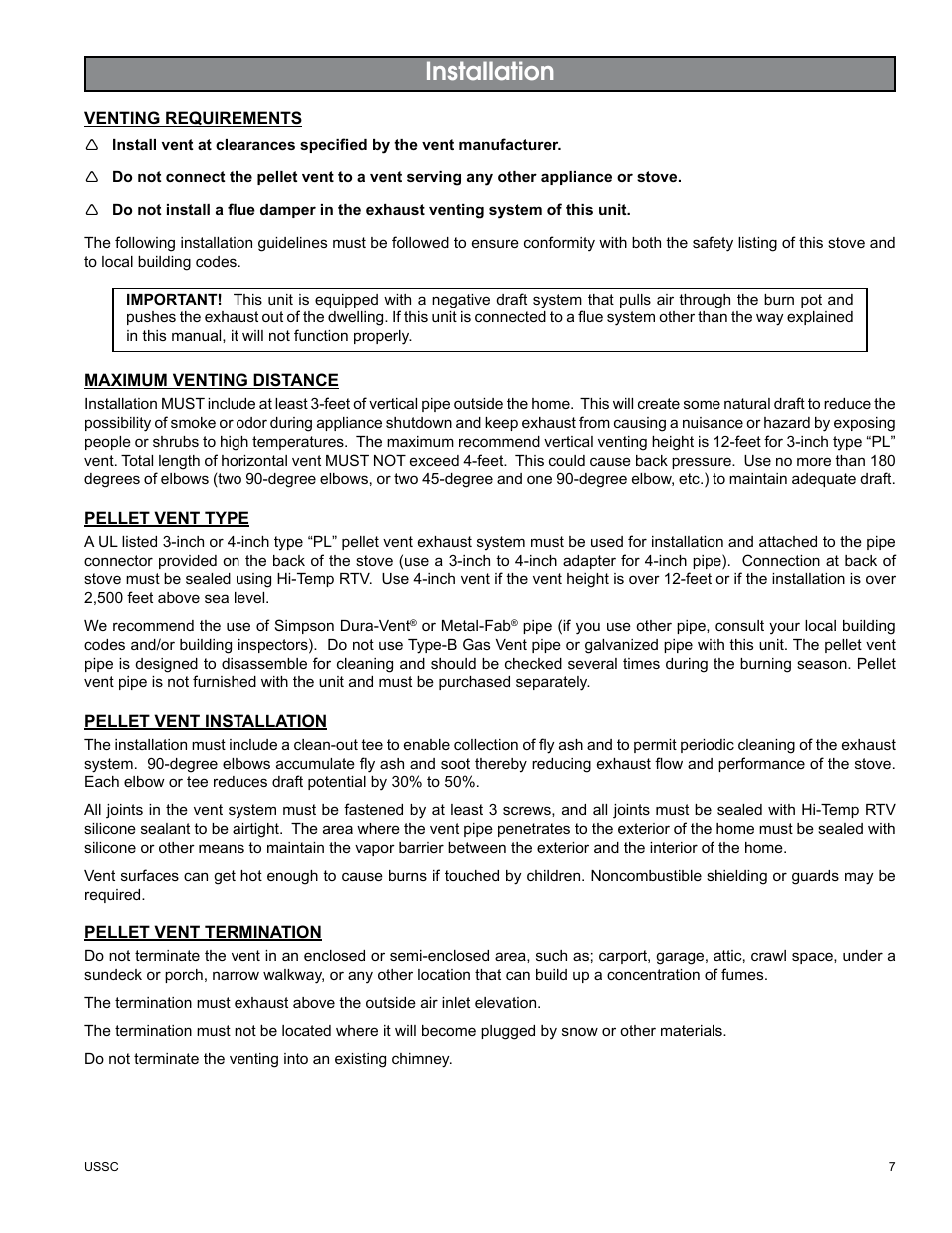 Installation | United States Stove Company KING/ASHLEY PELLET STOVE 5500M User Manual | Page 7 / 24