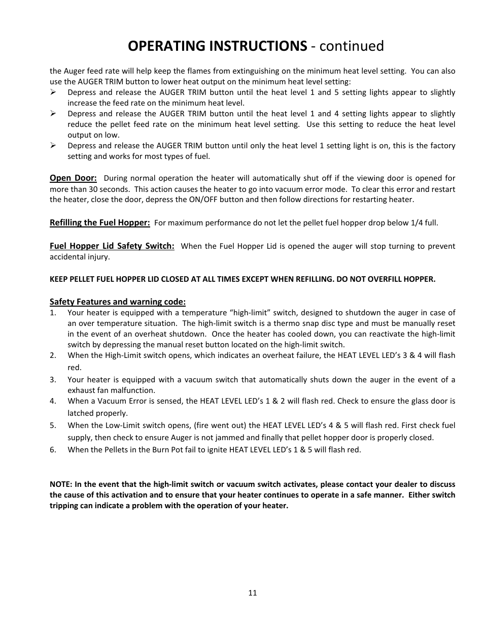 Operating instructions ‐ continued | United States Stove Company PELLET 5660(I) User Manual | Page 11 / 40
