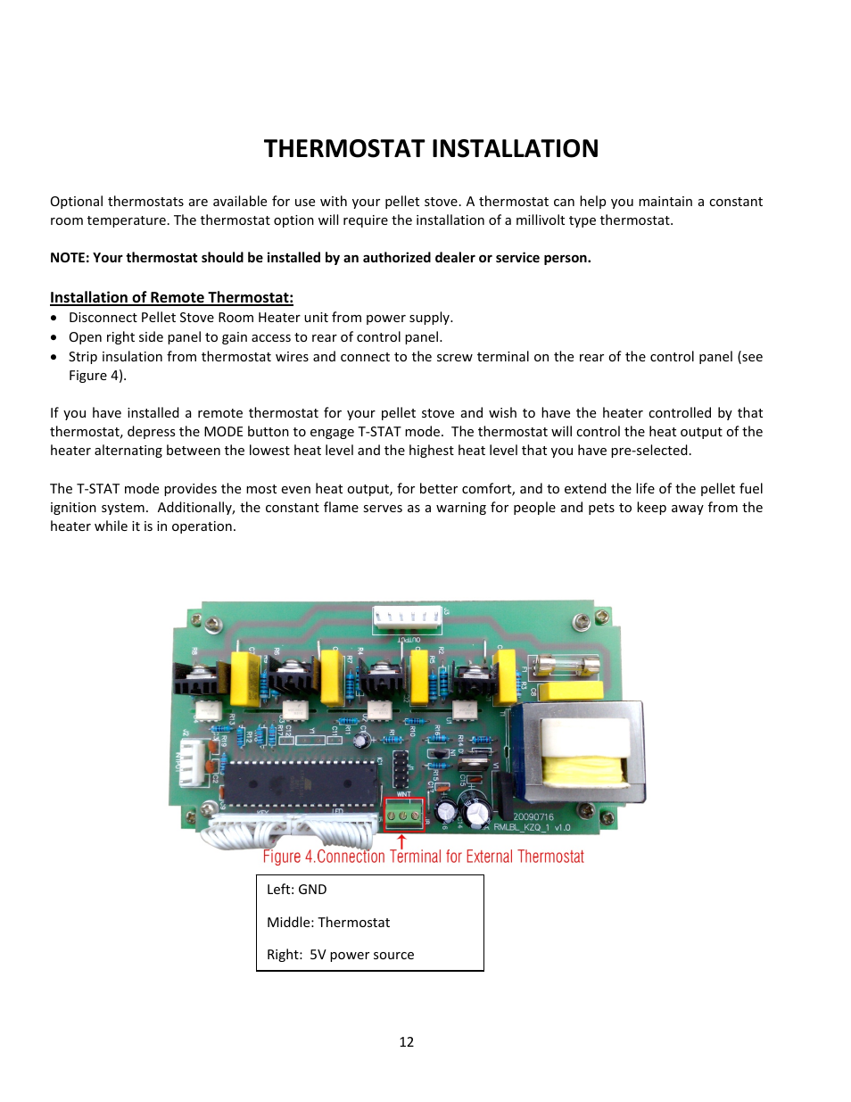 Thermostat installation | United States Stove Company PELLET 5660(I) User Manual | Page 12 / 40