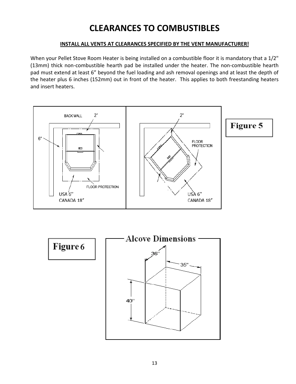 Clearances to combustibles | United States Stove Company PELLET 5660(I) User Manual | Page 13 / 40