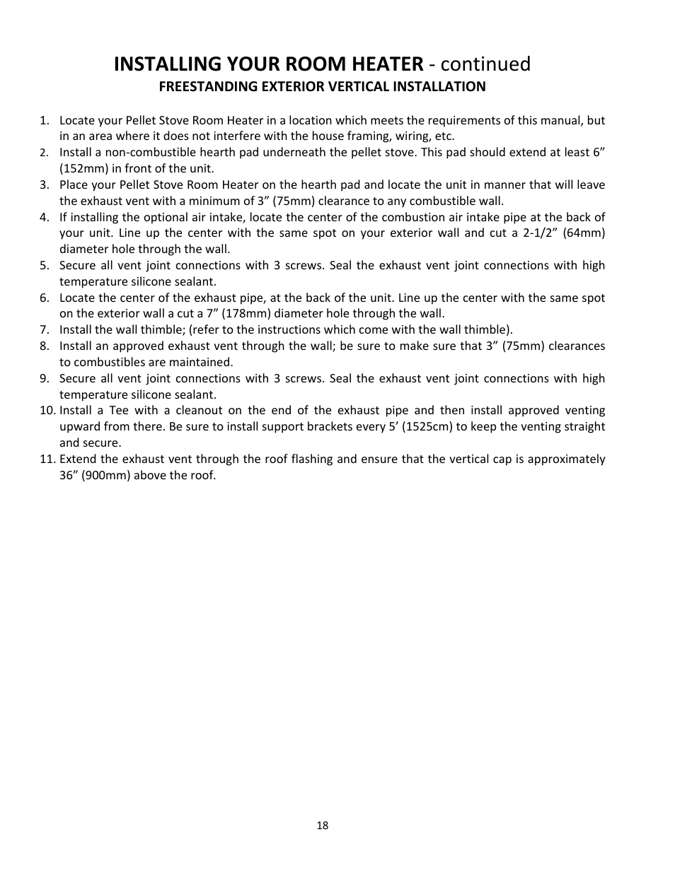Installing your room heater ‐ continued | United States Stove Company PELLET 5660(I) User Manual | Page 18 / 40