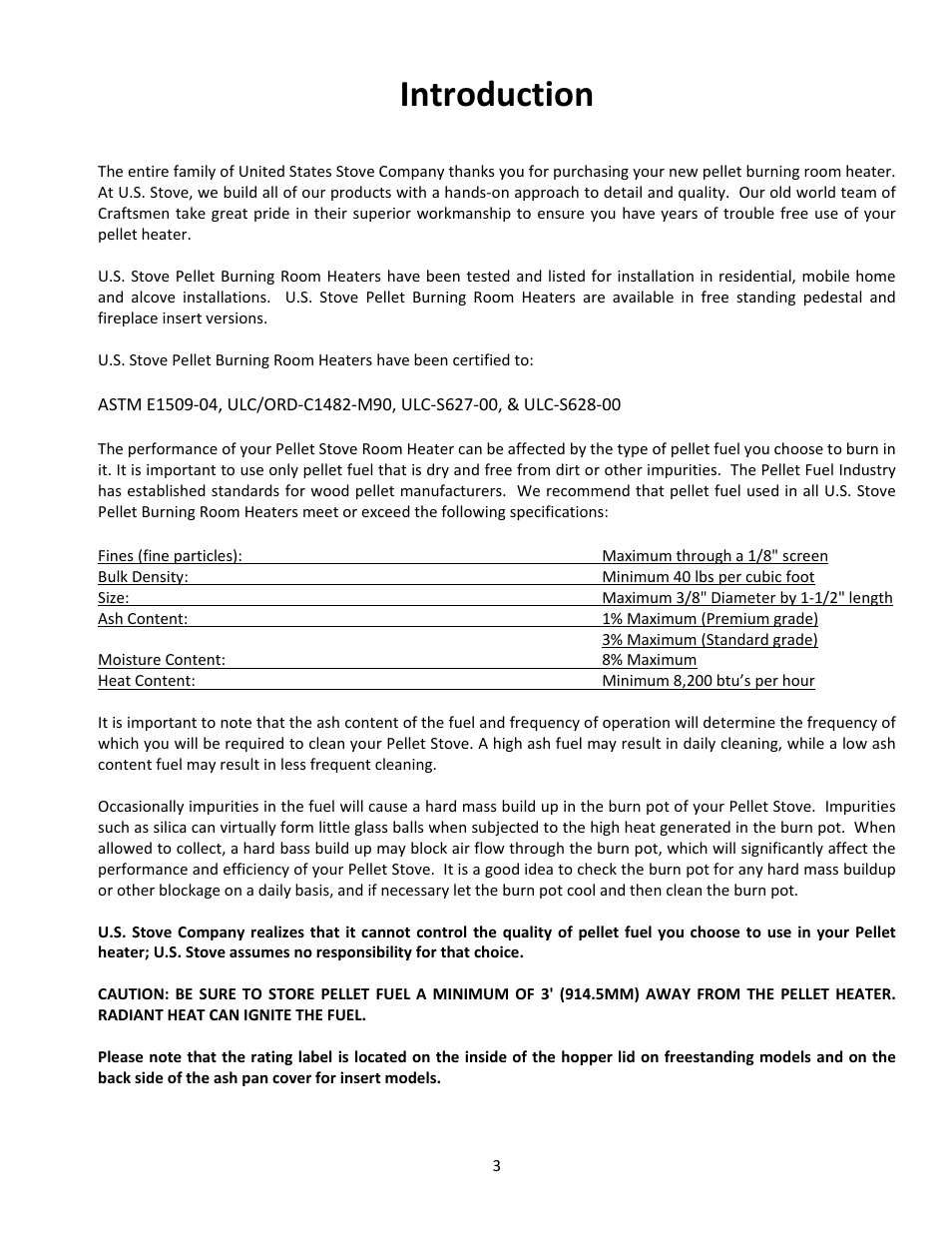Introduction | United States Stove Company PELLET 5660(I) User Manual | Page 3 / 40
