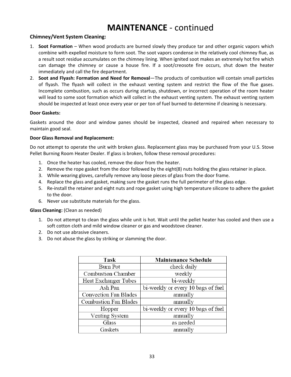 Maintenance ‐ continued | United States Stove Company PELLET 5660(I) User Manual | Page 33 / 40