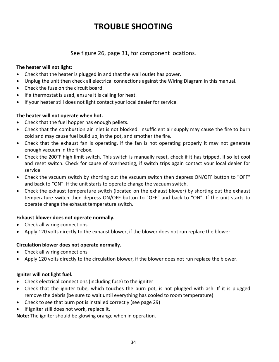 Trouble shooting | United States Stove Company PELLET 5660(I) User Manual | Page 34 / 40