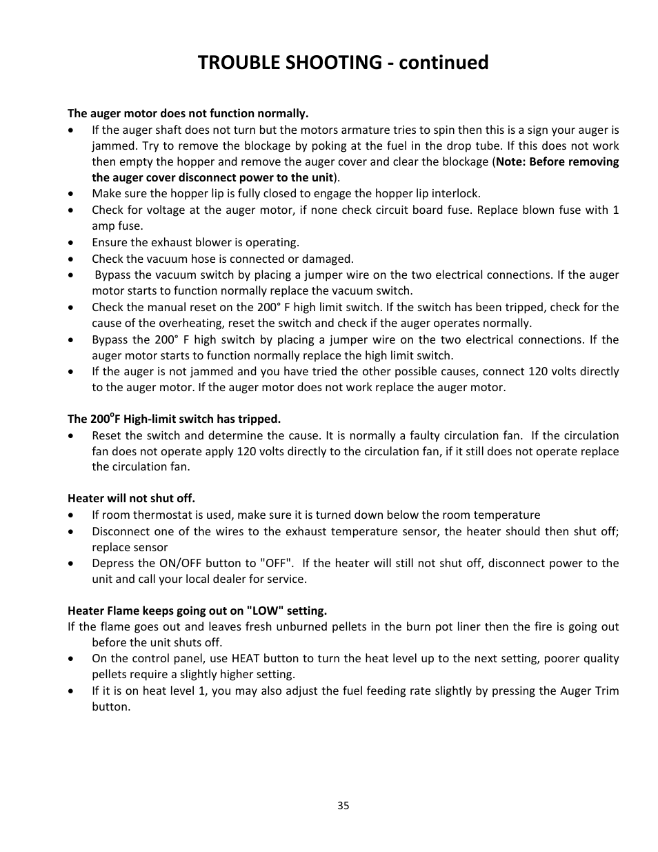 Trouble shooting ‐ continued | United States Stove Company PELLET 5660(I) User Manual | Page 35 / 40