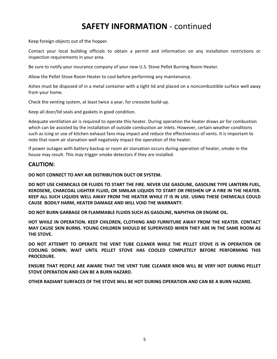 Safety information ‐ continued | United States Stove Company PELLET 5660(I) User Manual | Page 5 / 40