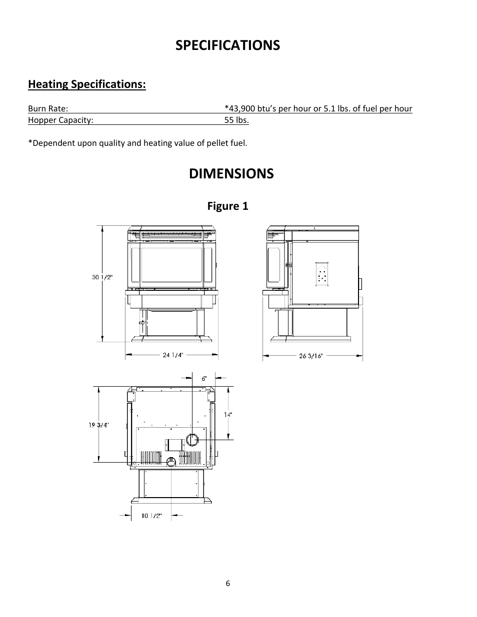 Specifications, Dimensions, Heating specifications | Figure 1 | United States Stove Company PELLET 5660(I) User Manual | Page 6 / 40