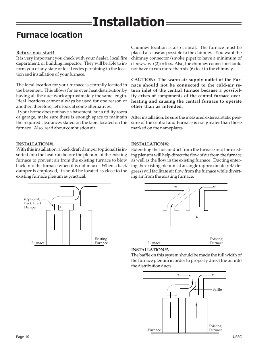 Installation, Furnace location | United States Stove Company 24AZ User Manual | Page 10 / 28