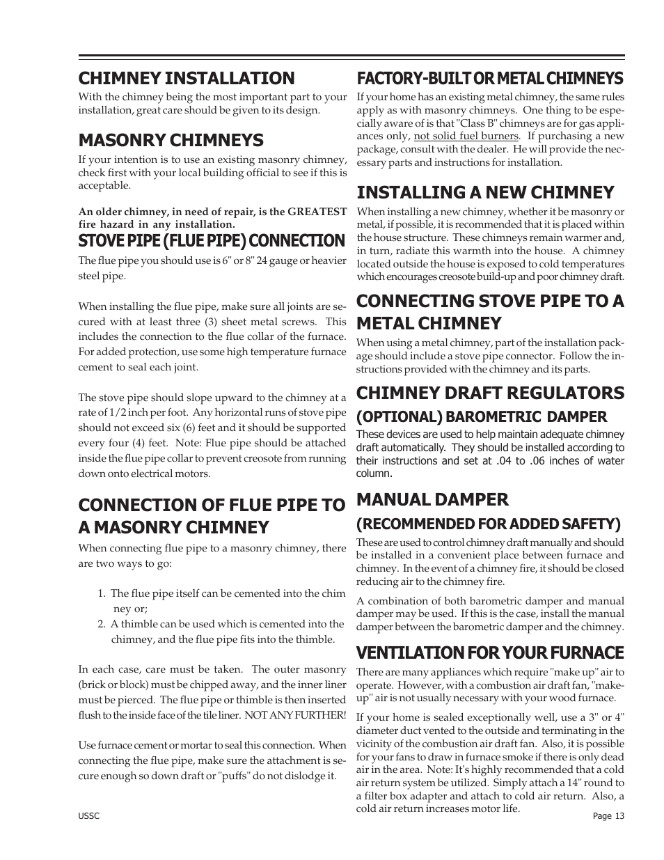 Connecting stove pipe to a metal chimney, Chimney draft regulators, Manual damper | Ventilation for your furnace, Factory-built or metal chimneys, Installing a new chimney, Chimney installation, Masonry chimneys, Stove pipe (flue pipe) connection, Connection of flue pipe to a masonry chimney | United States Stove Company 24AZ User Manual | Page 13 / 28