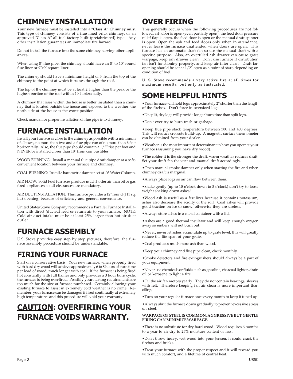 Chimney installation, Furnace installation, Furnace assembly | Firing your furnace, Some helpful hints | United States Stove Company 24AZ User Manual | Page 2 / 28