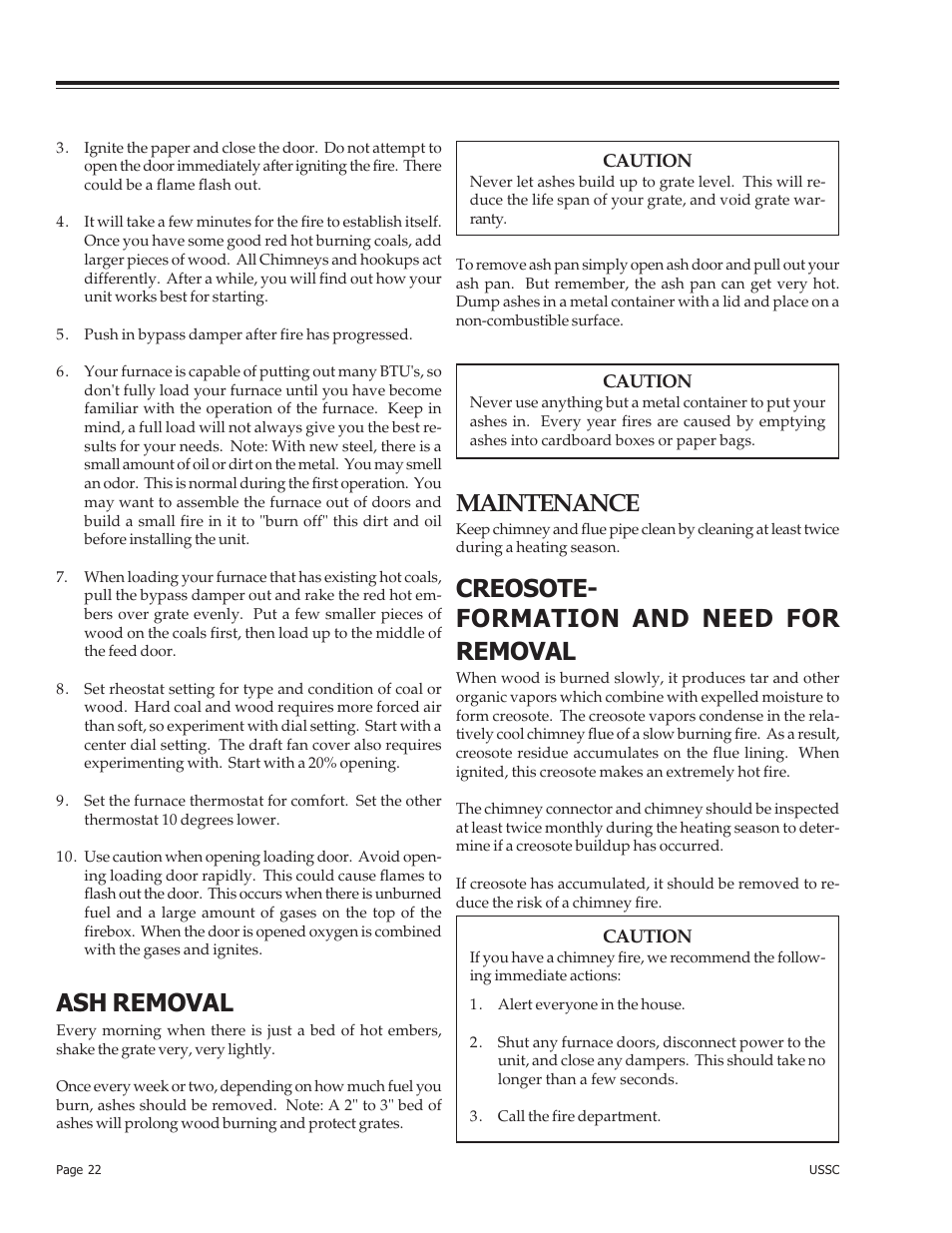Ash removal, Maintenance, Creosote- formation and need for removal | United States Stove Company 24AZ User Manual | Page 22 / 28