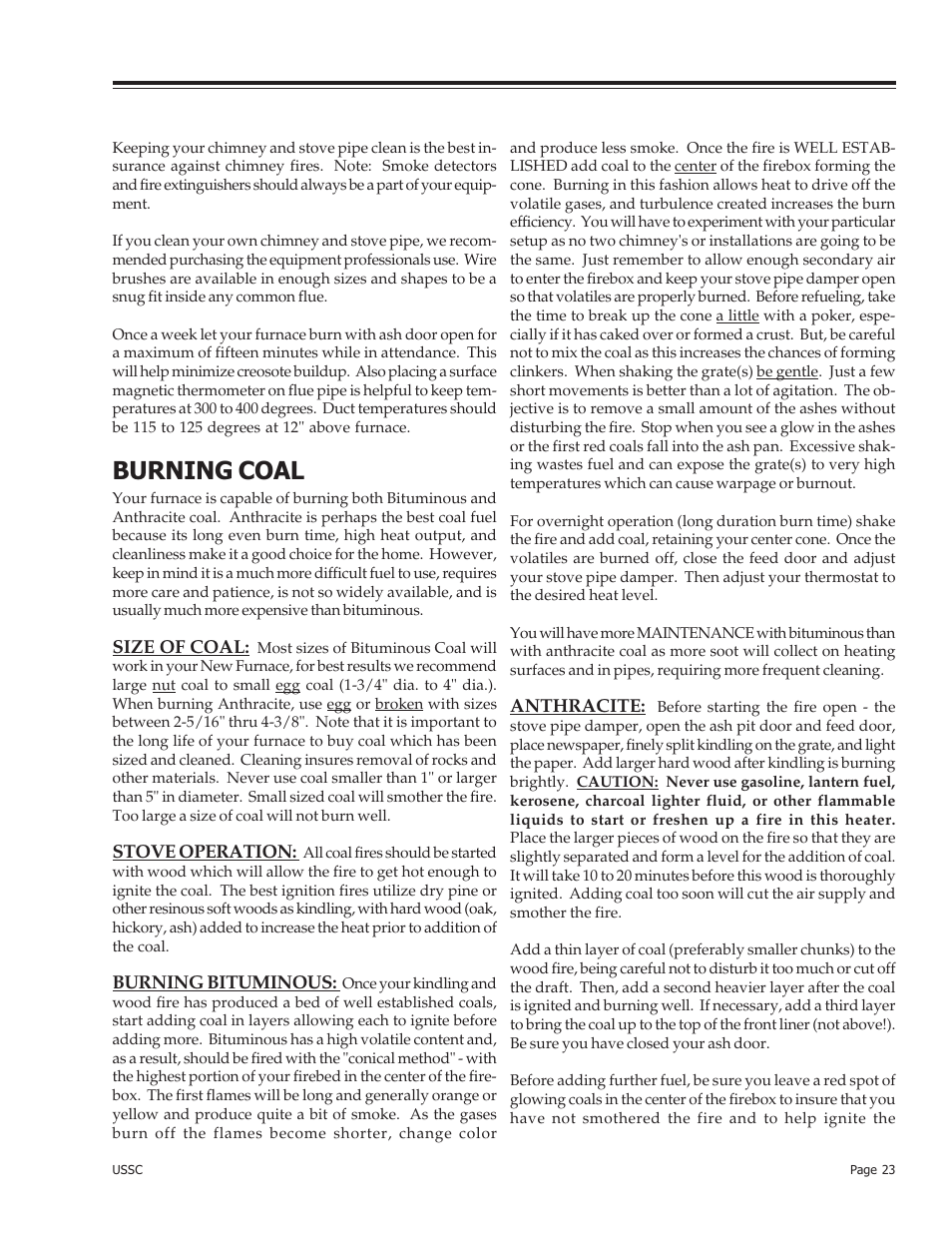 Burning coal | United States Stove Company 24AZ User Manual | Page 23 / 28