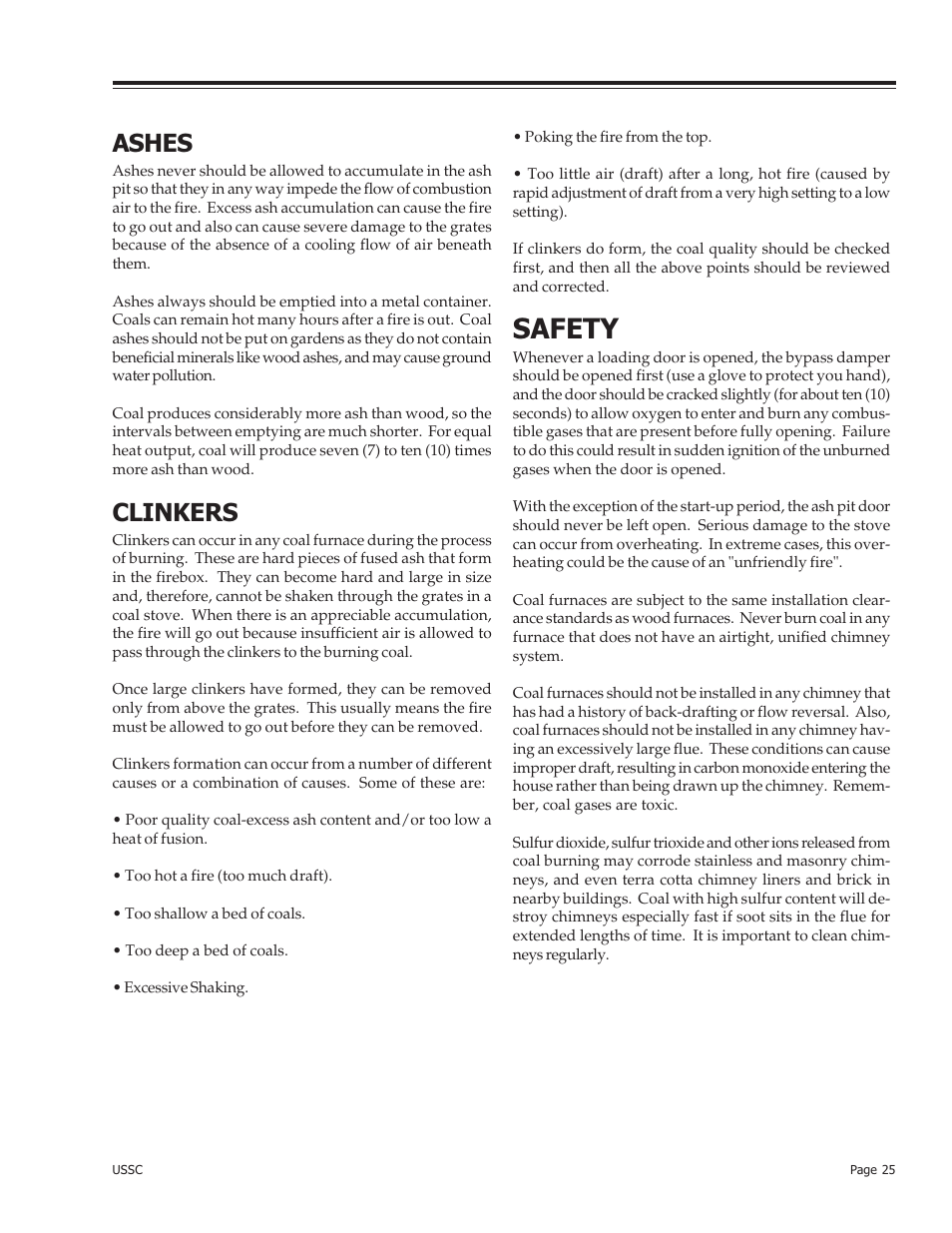 Safety, Ashes, Clinkers | United States Stove Company 24AZ User Manual | Page 25 / 28