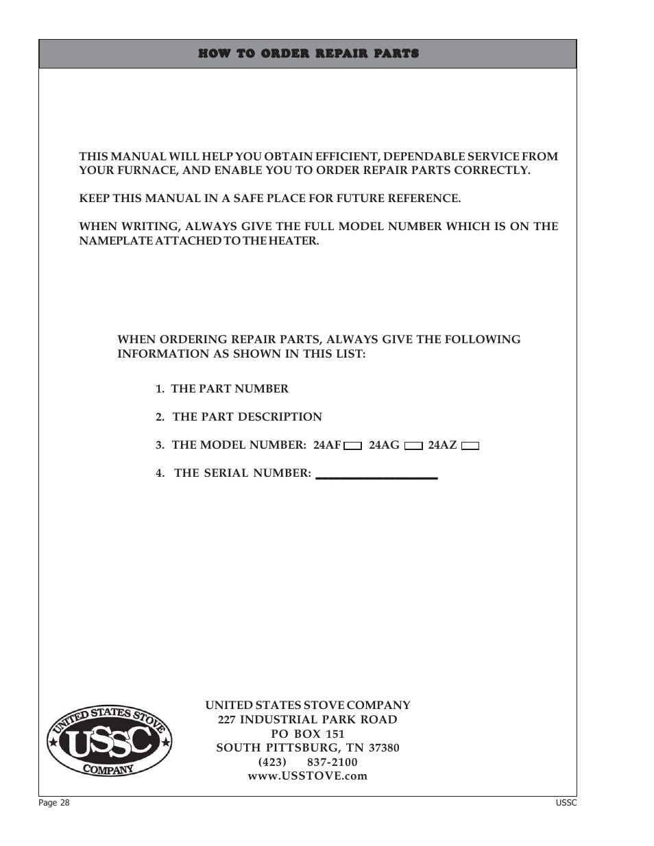 United States Stove Company 24AZ User Manual | Page 28 / 28