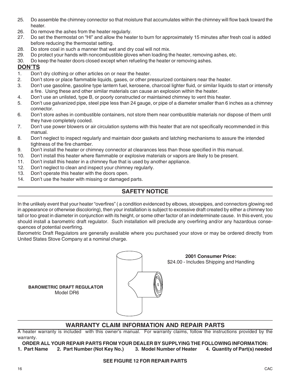 United States Stove Company DR6 User Manual | Page 16 / 18