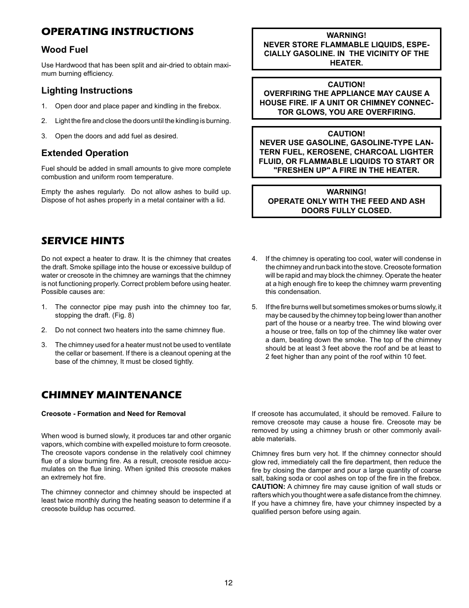Operating instructions, Service hints, Chimney maintenance | United States Stove Company 2007B User Manual | Page 12 / 16