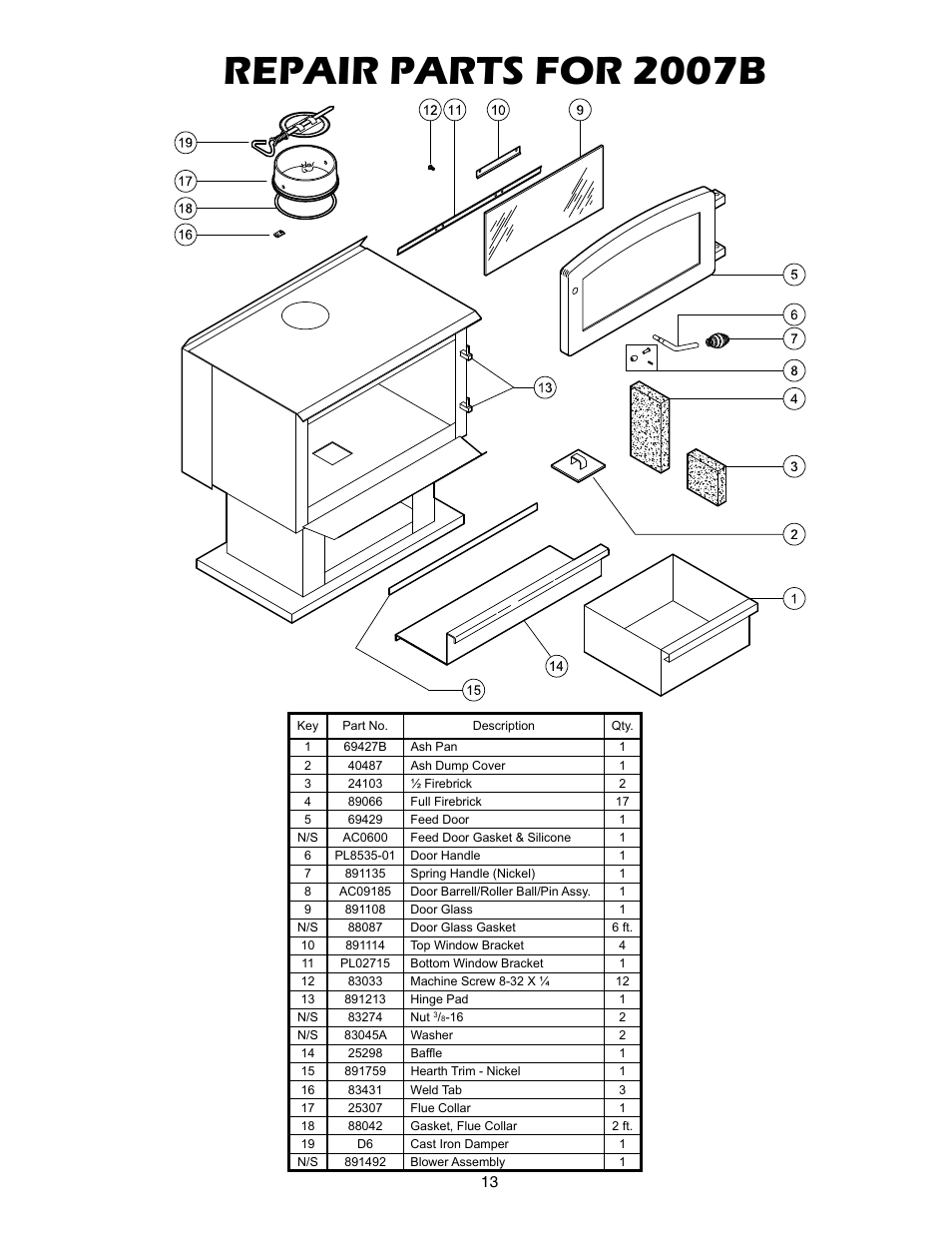 Repair parts for 2007b | United States Stove Company 2007B User Manual | Page 13 / 16