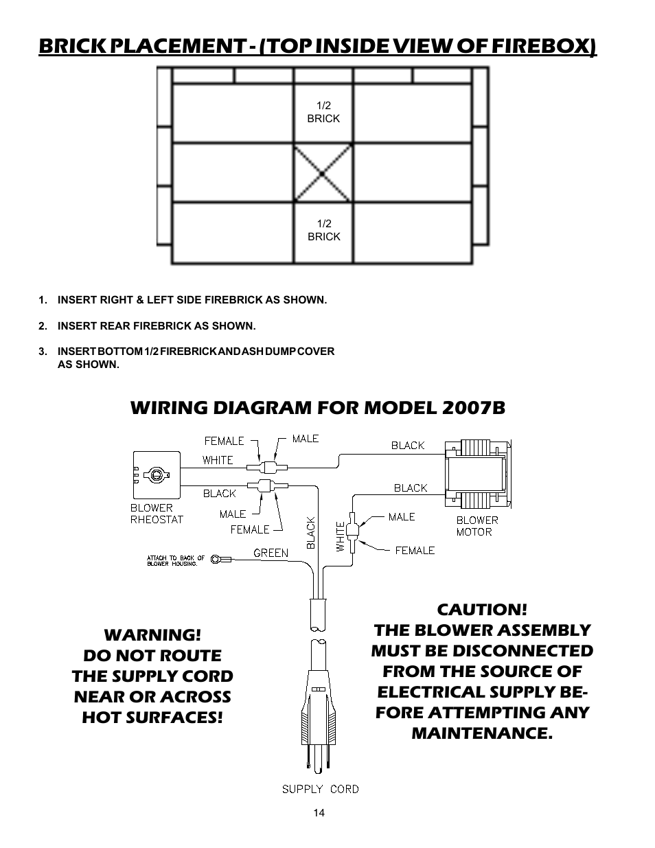 Brick placement - (top inside view of firebox), Wiring diagram for model 2007b | United States Stove Company 2007B User Manual | Page 14 / 16