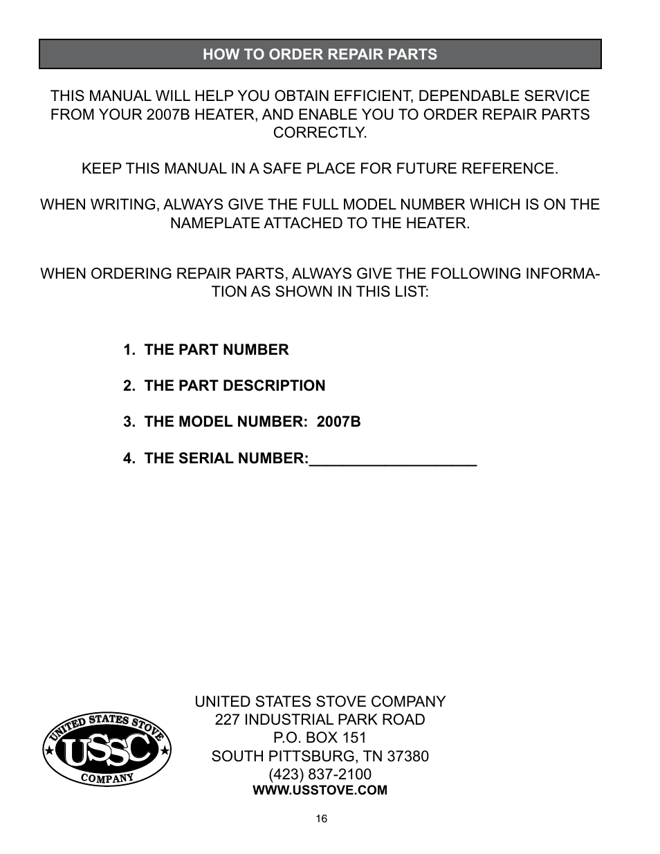 Cs s u | United States Stove Company 2007B User Manual | Page 16 / 16