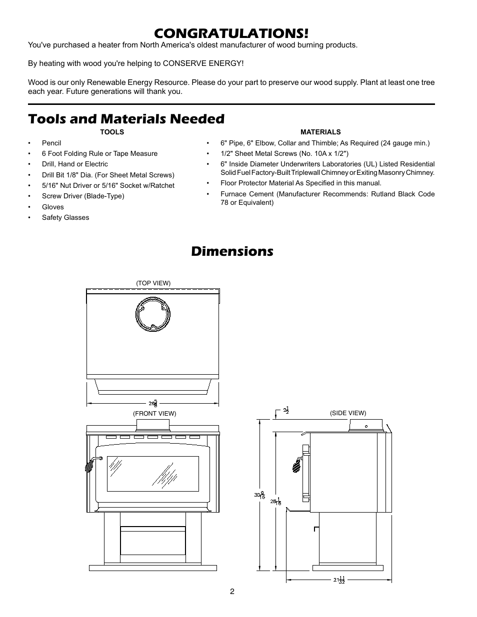 Tools and materials needed, Dimensions | United States Stove Company 2007B User Manual | Page 2 / 16