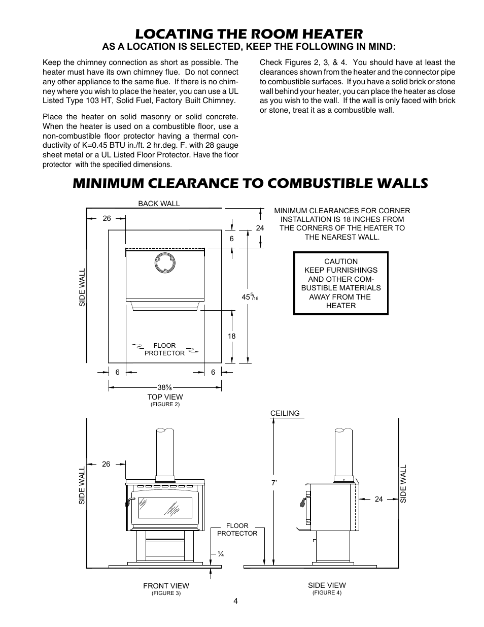 Locating the room heater, Minimum clearance to combustible walls | United States Stove Company 2007B User Manual | Page 4 / 16